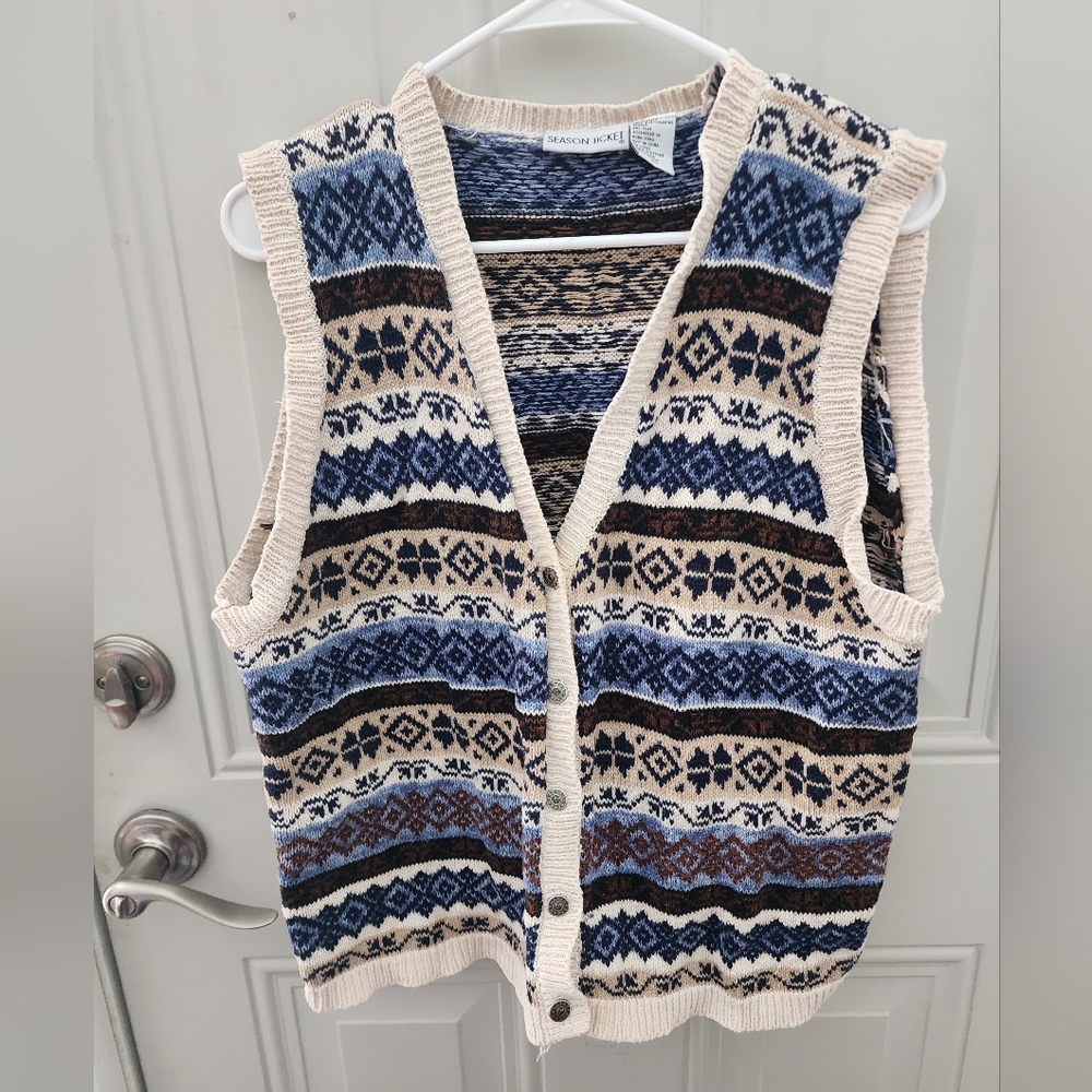 Vintage 1980s Season Ticket Patterned Blue and Cream Cardigan Vest - XL
